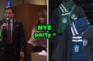 Man in a suit with party hat and confetti, next to Harry Potter-themed Gryffindor and Slytherin scarves and robes. Text: "NYE party ="