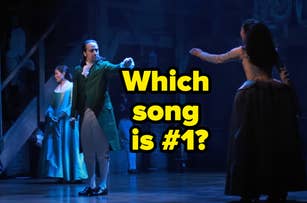 Stage performance with actors in period costumes, overlay text asks, "Which song is #1?"