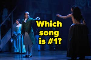 Stage performance with actors in period costumes, overlay text asks, "Which song is #1?"