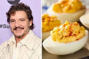 A person in a textured jacket smiles at an event; next to them is an image of deviled eggs garnished with paprika