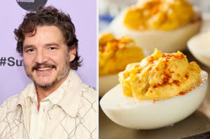 A person in a textured jacket smiles at an event; next to them is an image of deviled eggs garnished with paprika