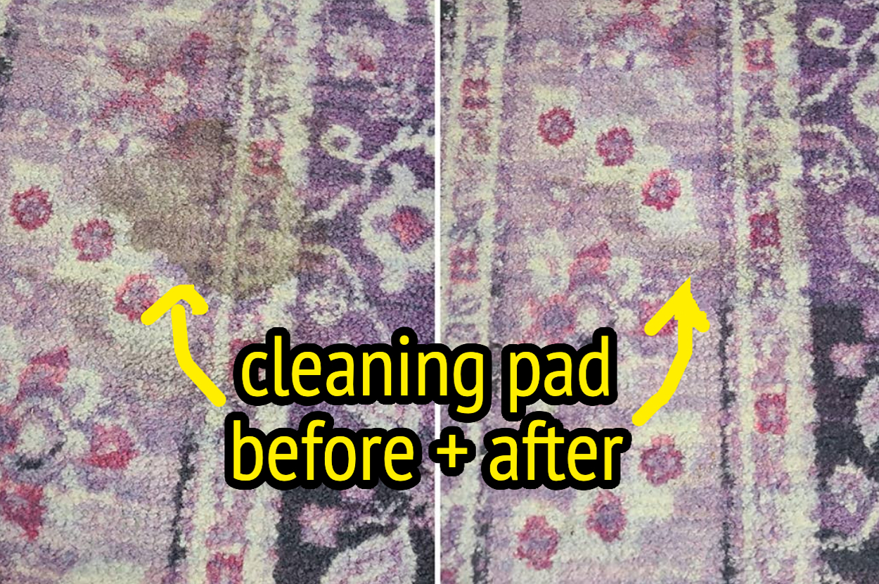 Side-by-side comparison of a cleaning pad's effectiveness on a rug; left side shows a stain, right side shows the stain removed