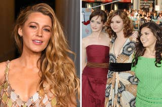 Left: Close-up of Blake Lively at an event. Right: America Ferrera, Amber Tamblyn, and Alexis Bledel at an event
