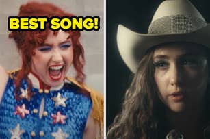 Split image of two singers: one energetically singing, wearing a star-patterned outfit; the other in a cowboy hat, singing intensely. Text: "Best Song!"