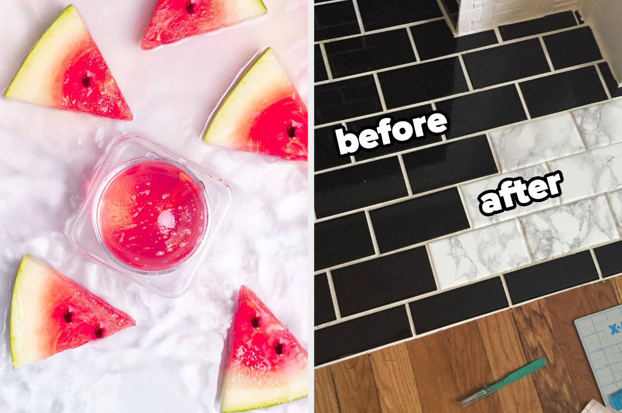 Watermelon slices and a watermelon item next to a "before" and "after" photo of black and marble-look peel-and-stick floor tiles