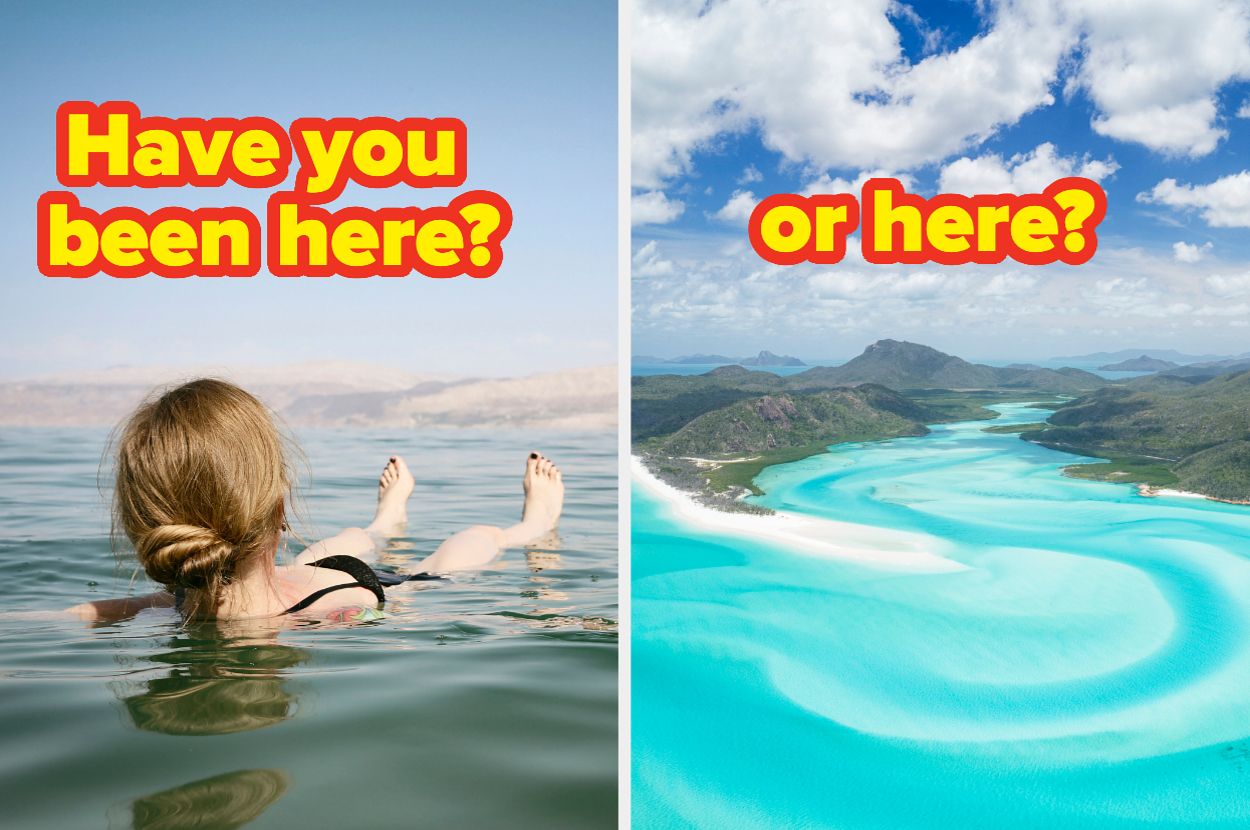 Text asks, "Have you been here? or here?" with images of a person floating in water and a scenic beach view