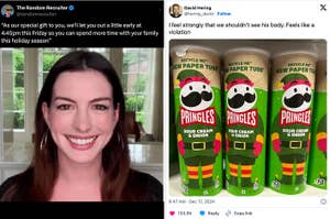 Left: Woman smiling during a video call with a social media post about early work release for the holidays. Right: Sour cream and onion Pringles can design criticized online