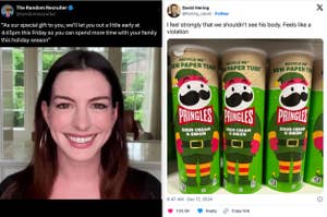 Left: Woman smiling during a video call with a social media post about early work release for the holidays. Right: Sour cream and onion Pringles can design criticized online