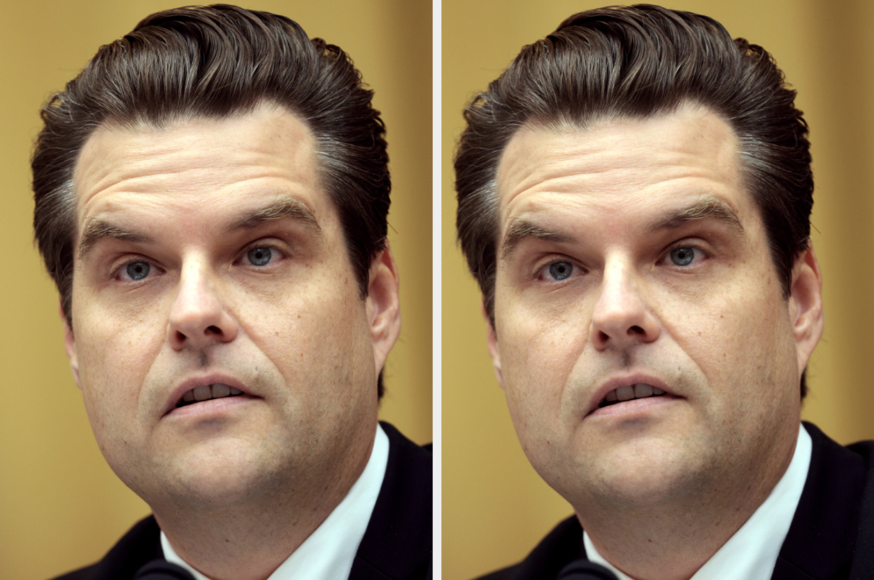 Matt Gaetz in a suit speaking at a public event, looking attentive and engaged