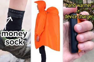 Left: Person wearing a sock with a zippered pocket. Center: Person in an orange rain poncho with backpack cover. Right: Hand holding a device that is a hand warmer and charger