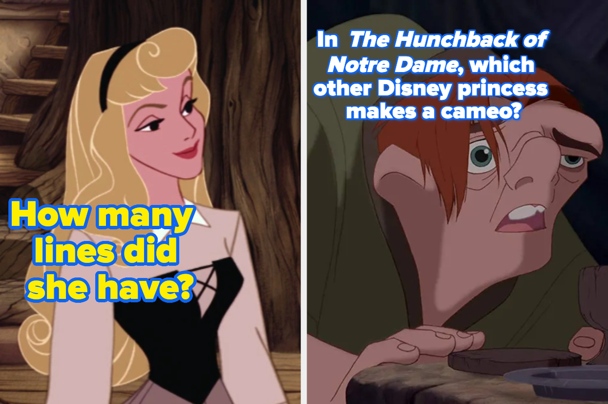 Two images. Left: Animated princess with text "How many lines did she have?" Right: Animated character with text "In The Hunchback of Notre Dame, which other Disney princess makes a cameo?"