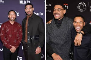 Two men at a celebrity event; one in a patterned shirt, the other in a coat in the first image, both laughing and embracing in the second