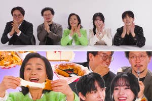 Group of people clapping and smiling at a table; collage below shows them enjoying food like fried chicken and cheesecake