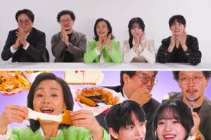 Group of people clapping and smiling at a table; collage below shows them enjoying food like fried chicken and cheesecake