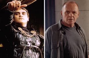Two actors in film roles: one in Roman armor reaching forward, the other in a casual shirt with a concerned expression indoors