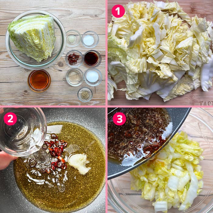 白菜キムチの作り方を示す4枚の画像コラージュ。白菜、調味料、漬ける手順がそれぞれ示されている。