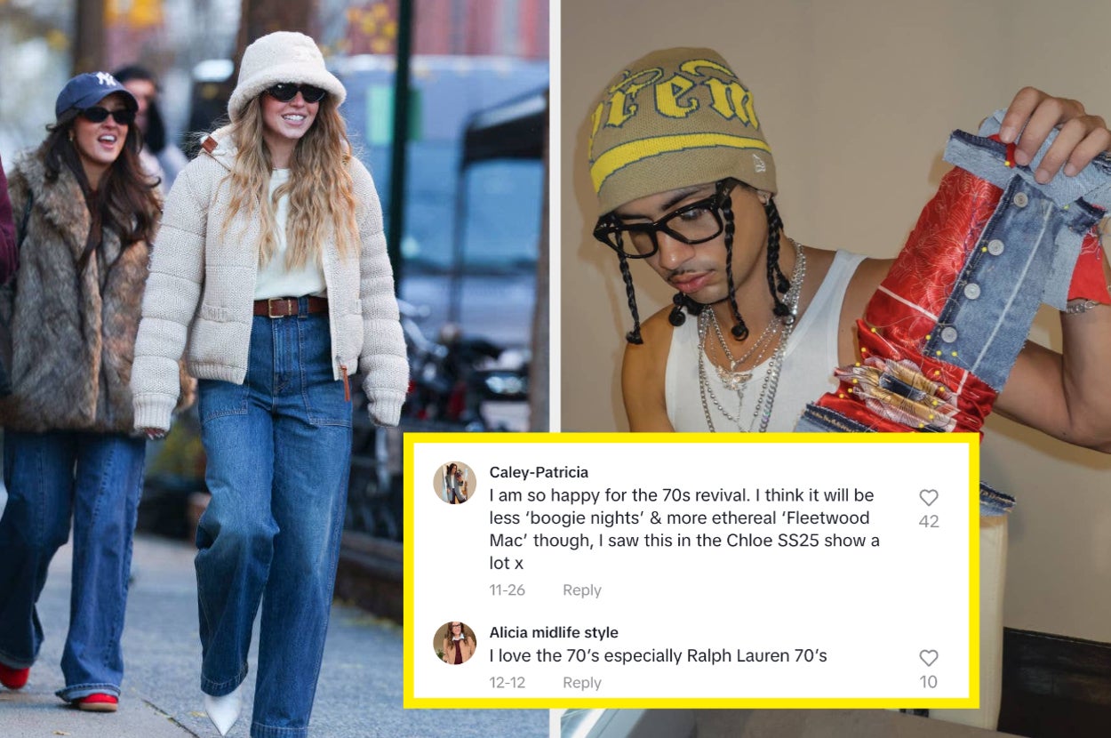 People dressed in 70s-inspired fashion; comments express appreciation for the 70s revival in style