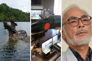 ソロモン諸島のフロリダ島の浅瀬「トウキョウ・ベイ」に残る駆逐艦・菊月の主砲基部（2024年5月5日撮影、良月さん提供）,『ゴジラ-1.0』で使われた震電の実物大模型が福岡県筑前町立大刀洗平和記念館で展示されている（時事）,記者会見する宮崎駿監督（2013年9月6日撮影、時事通信フォト）