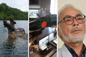 ソロモン諸島のフロリダ島の浅瀬「トウキョウ・ベイ」に残る駆逐艦・菊月の主砲基部（2024年5月5日撮影、良月さん提供）,『ゴジラ-1.0』で使われた震電の実物大模型が福岡県筑前町立大刀洗平和記念館で展示されている（時事）,記者会見する宮崎駿監督（2013年9月6日撮影、時事通信フォト）
