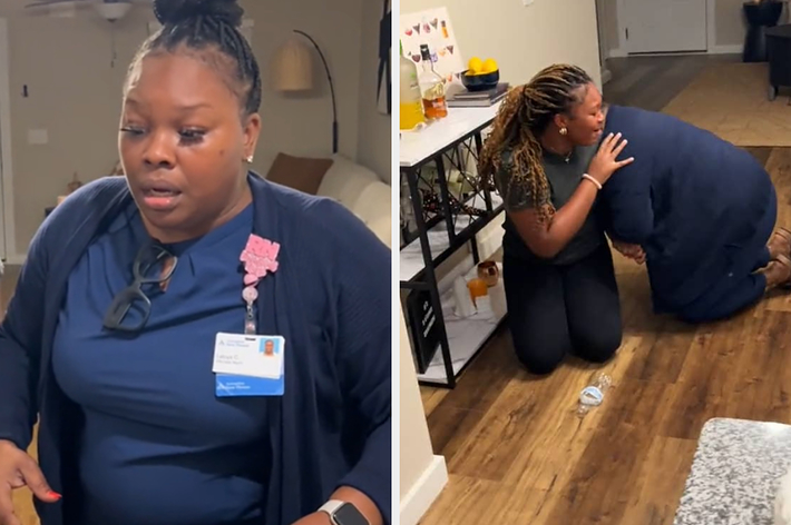 室内で驚いた表情を見せる女性。名札をつけた制服を着ている。