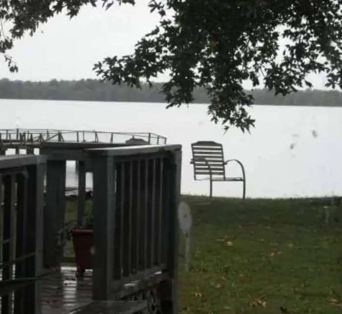A serene lakeside view with a wooden deck, bench, and tree branches framing the scene