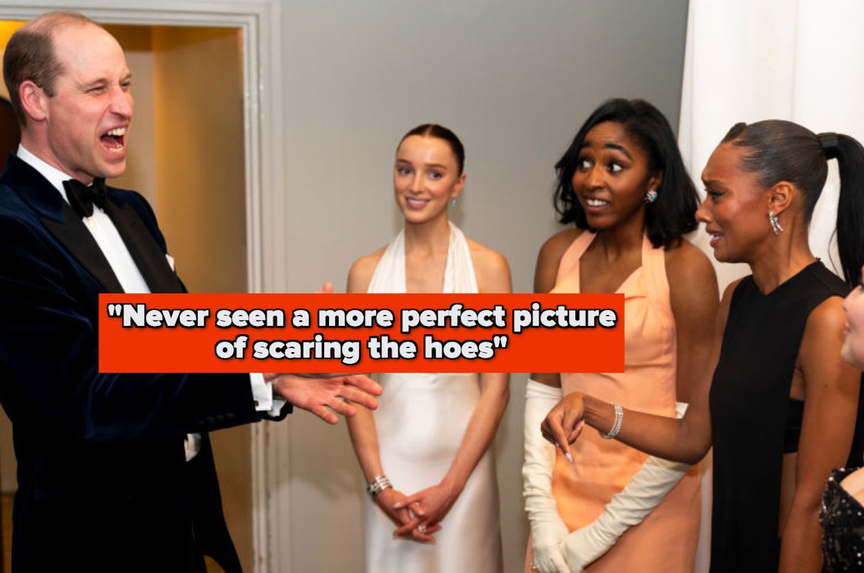 A person in formal attire laughing and gesturing, surrounded by four others in elegant dresses. Text overlay reads: "Never seen a more perfect picture of scaring the hoes."