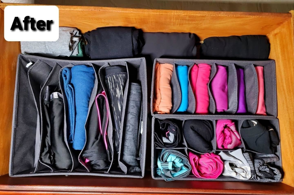 Organized drawer with neatly folded clothes in dividers, showing a variety of rolled and stacked items. Label saying "After" in the corner