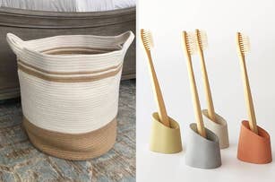 A woven basket on the left; four bamboo toothbrushes in pastel holders displayed on a white surface on the right