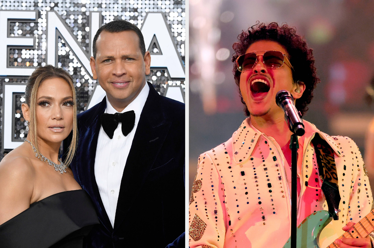 Two celebrities on the left in elegant evening attire at an event; a musician on the right performing energetically on stage with a guitar