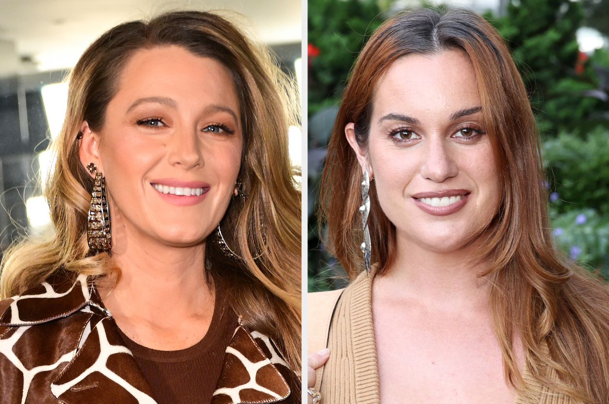 Two women smiling; one wearing a patterned jacket with statement earrings, the other wearing a simple top with hoop earrings, outdoors background