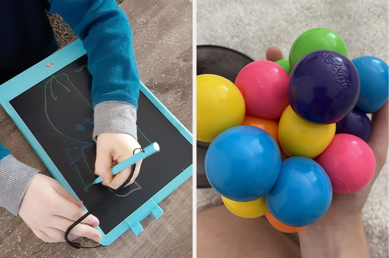 Child using a writing tablet to draw, alongside a hand holding colorful plastic balls, showcasing popular children's toys