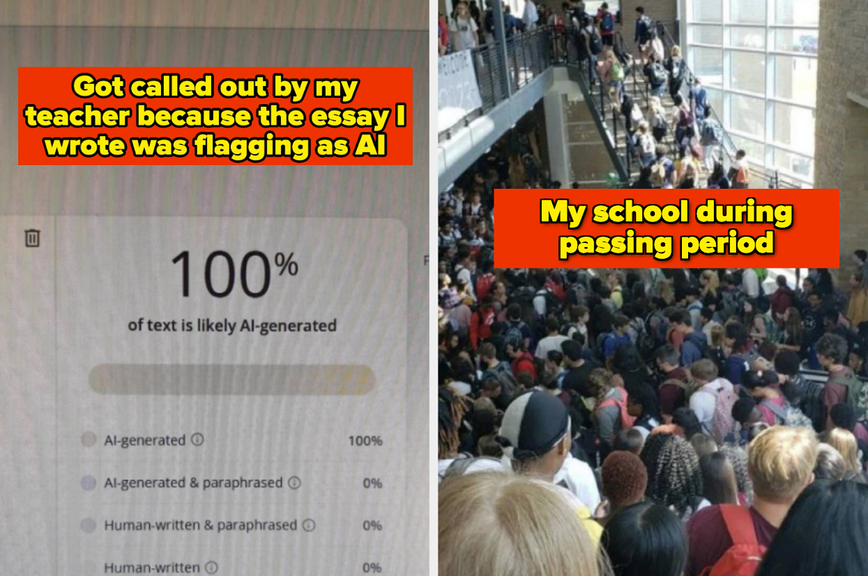 Left: Screenshot showing 100% likely AI-generated text. Right: Crowded school hallway during passing period. Text jokes about AI essay detection
