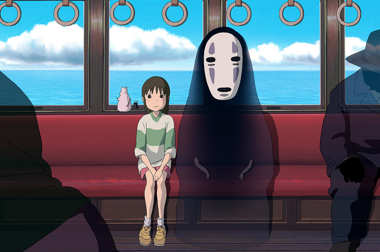 Chihiro and No Face from Spirited Away sitting on a train