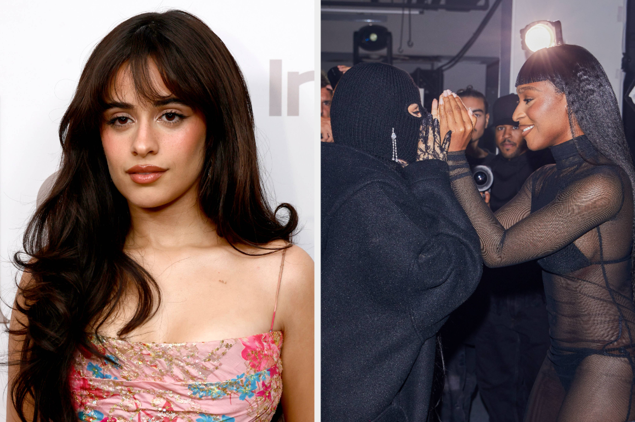 Left: Camila Cabello in a floral dress. Right: Camila Cabello and Normani in sheer clothing embrace at an event