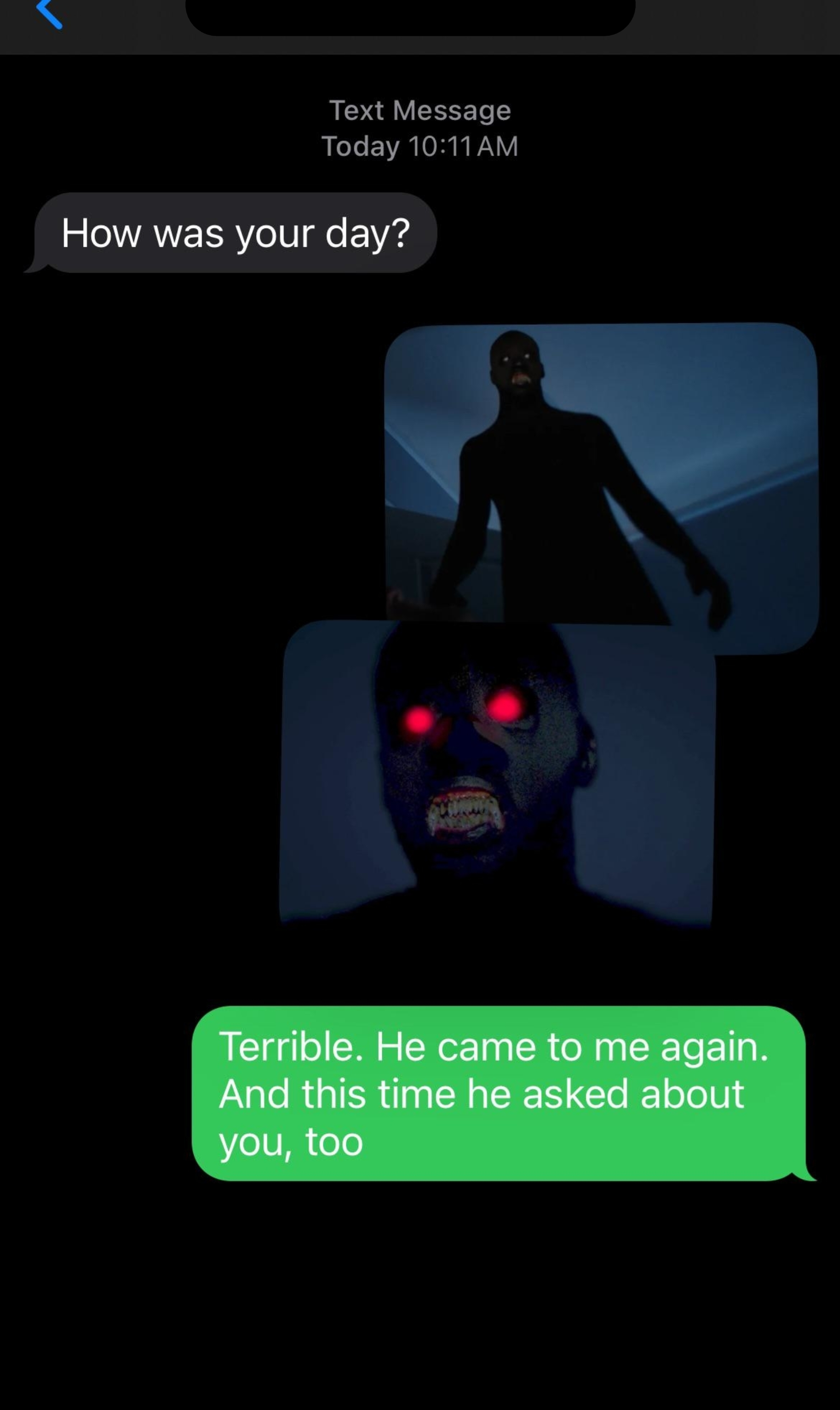 A text message conversation shows a person discussing a recurring nightmare involving a mysterious figure with glowing eyes