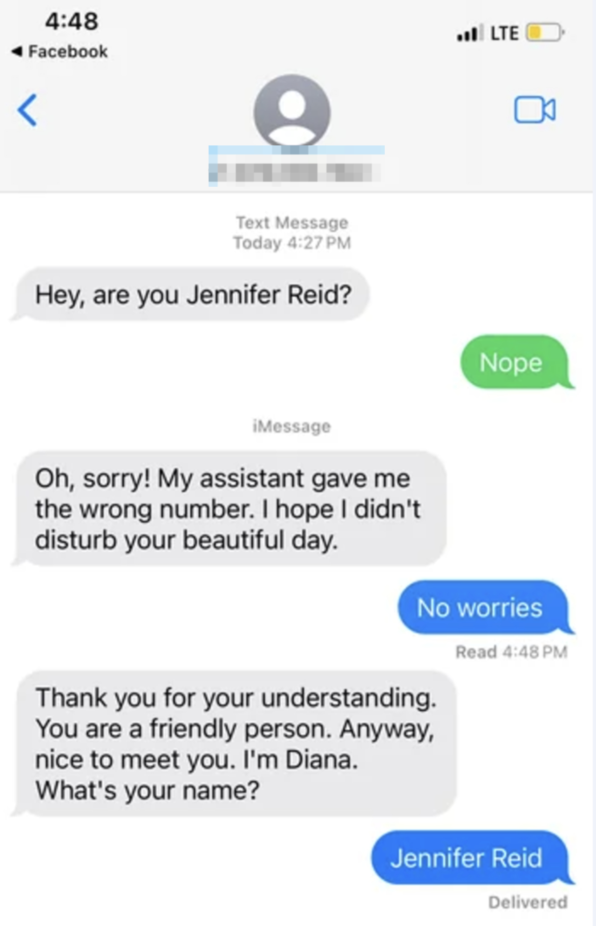 A text message exchange where someone mistakenly contacts another, apologizes, and introduces themselves as Diana after a brief conversation