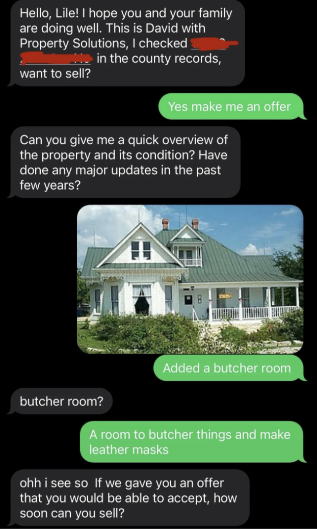 Text conversation regarding the potential sale of a property, mentioning a butcher room added for mask-making