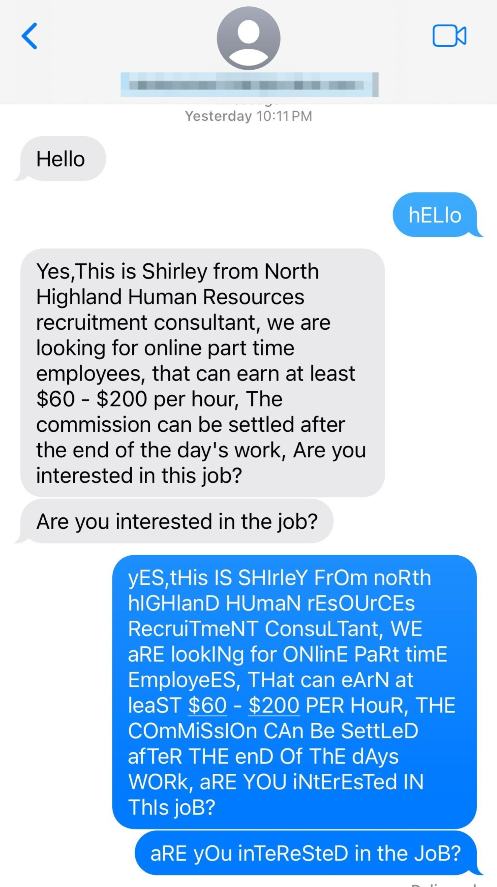 Text conversation about a part-time job opportunity with earnings details