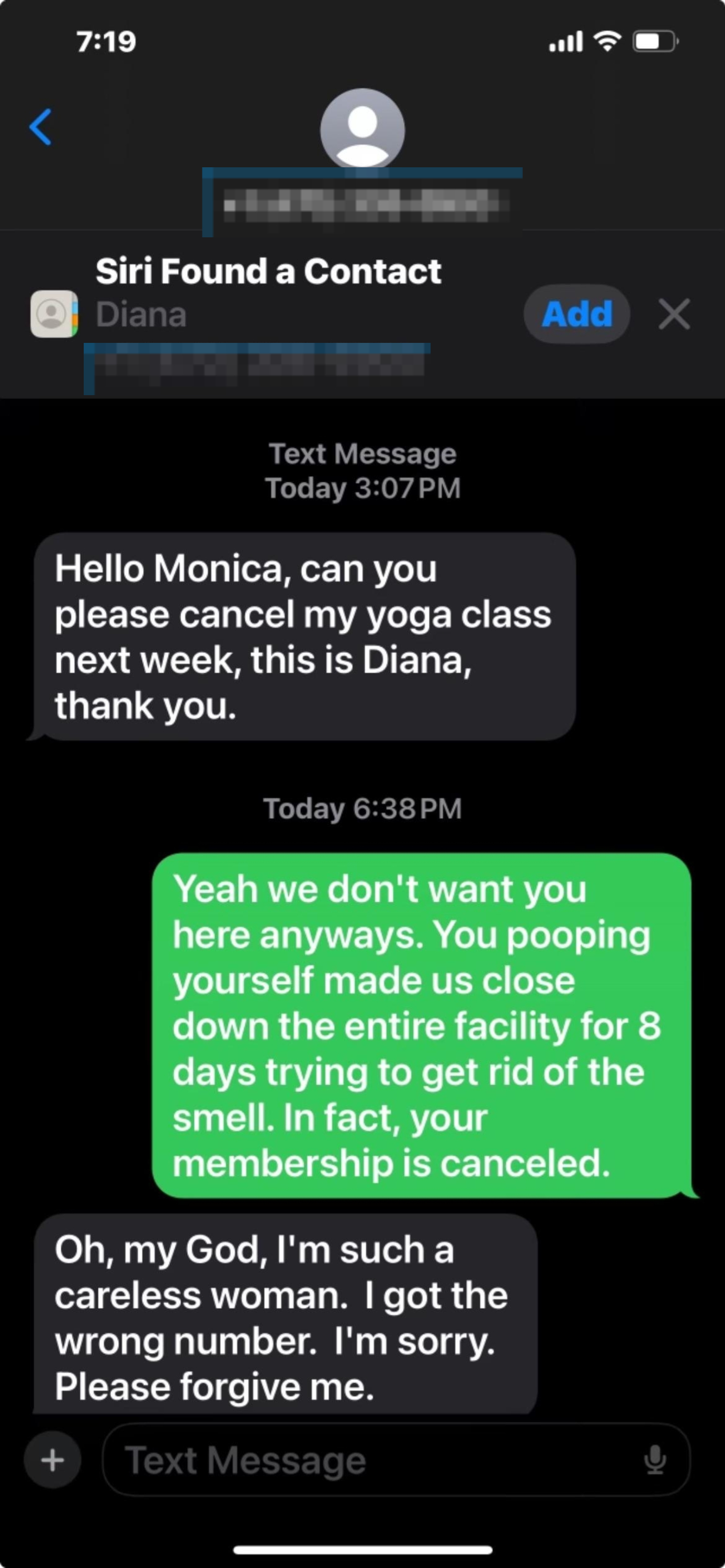 Text conversation mistakenly cancels a yoga class; response jokes about a facility closure due to smell, highlighting text message mix-up