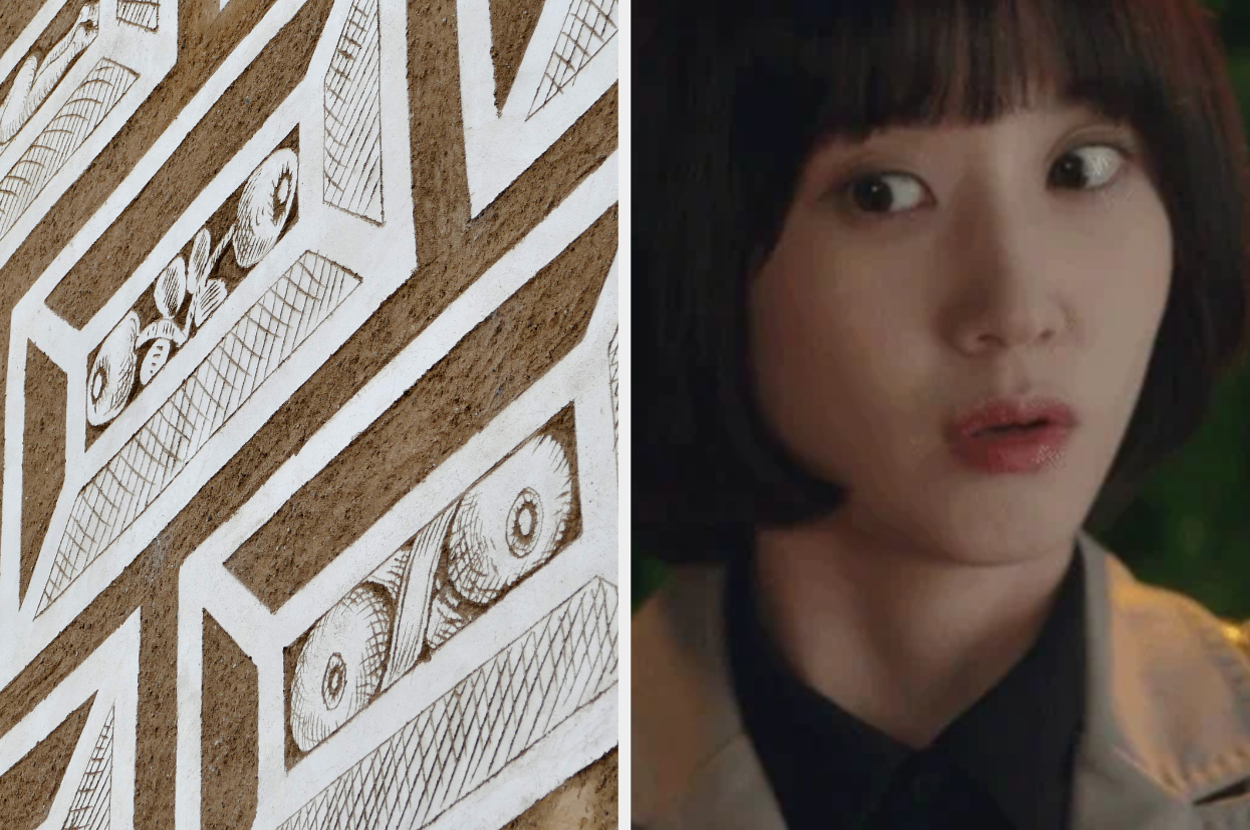 Left: Detailed pattern with geometric shapes. Right: Person with short hair, surprised expression, wearing a jacket indoors