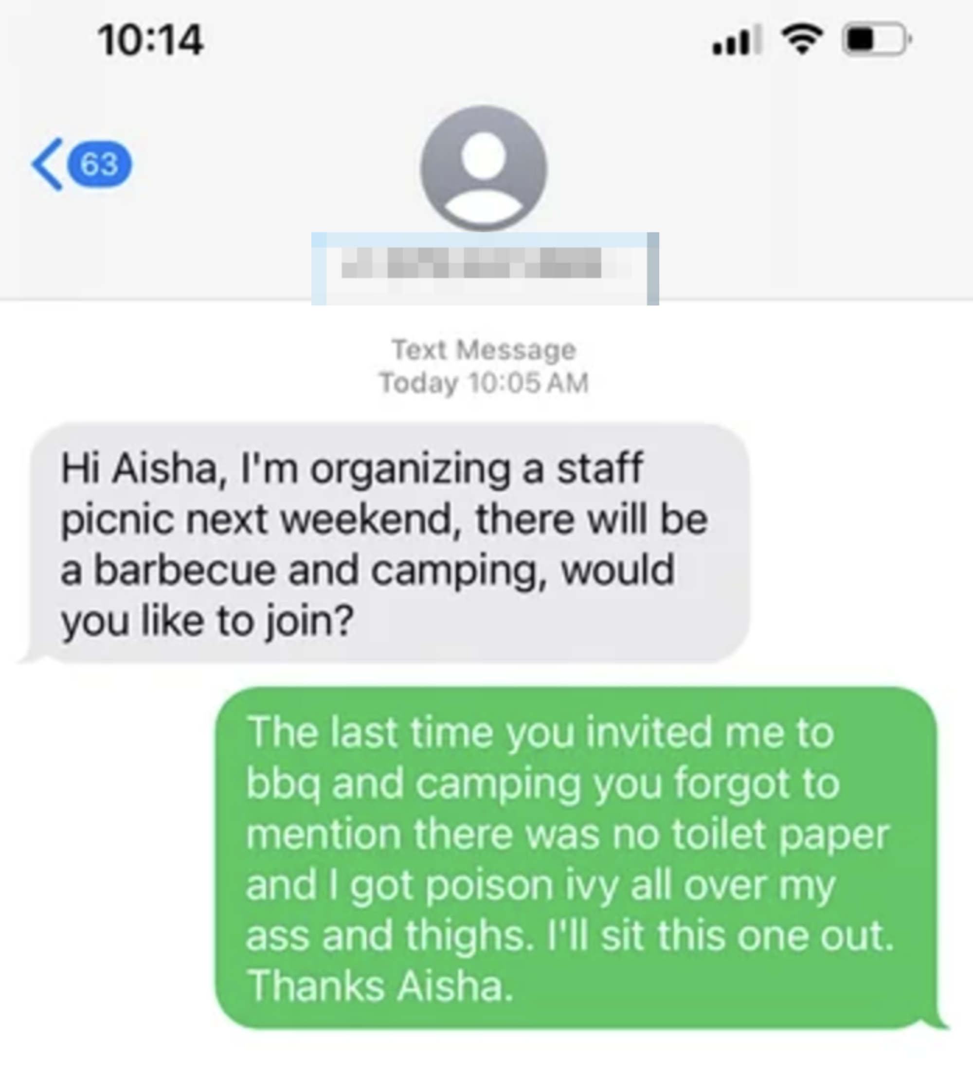 Text conversation: Invitation to staff picnic with barbecue and camping. Decline due to past issues with no toilet paper and poison ivy