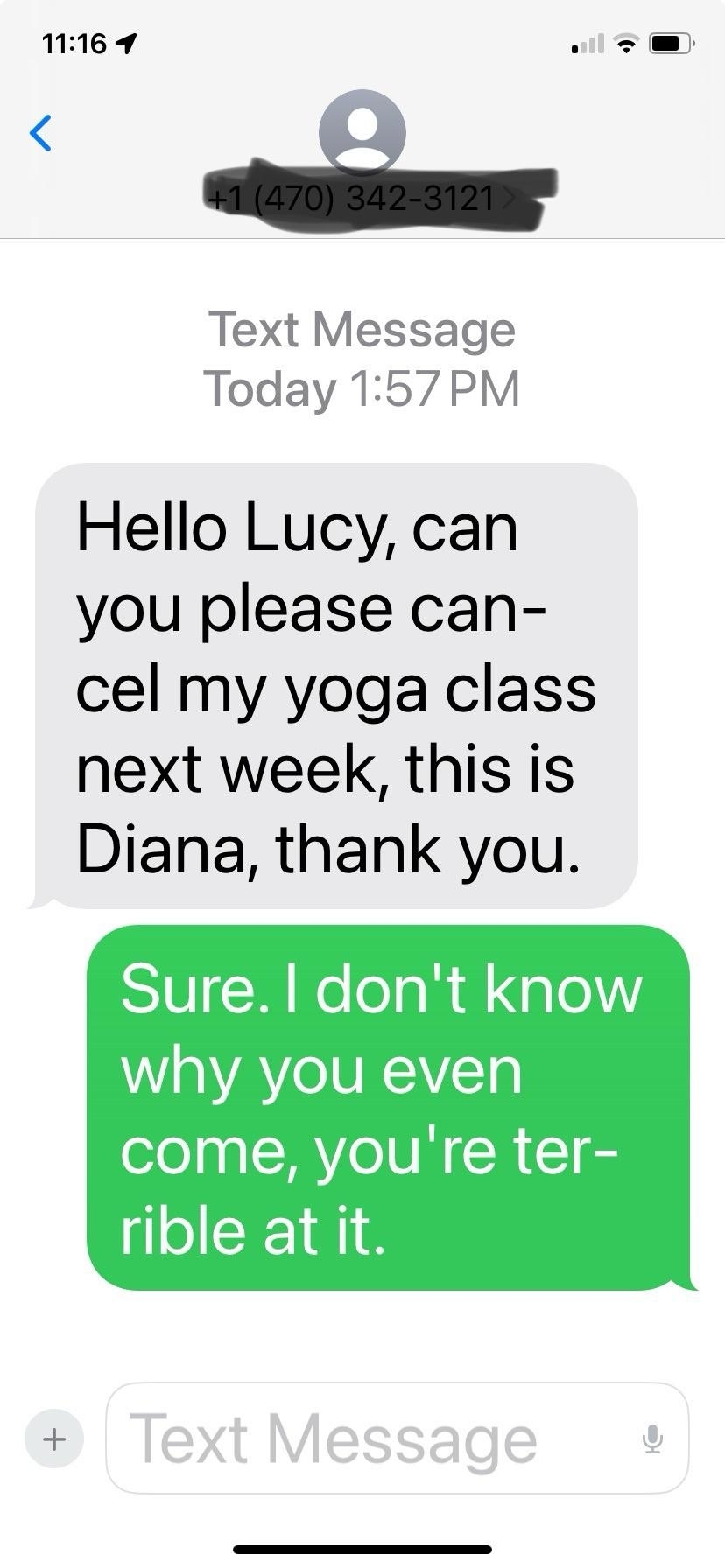 Text message exchange: Diana requests Lucy to cancel a yoga class. Lucy responds, teasing Diana about her yoga skills