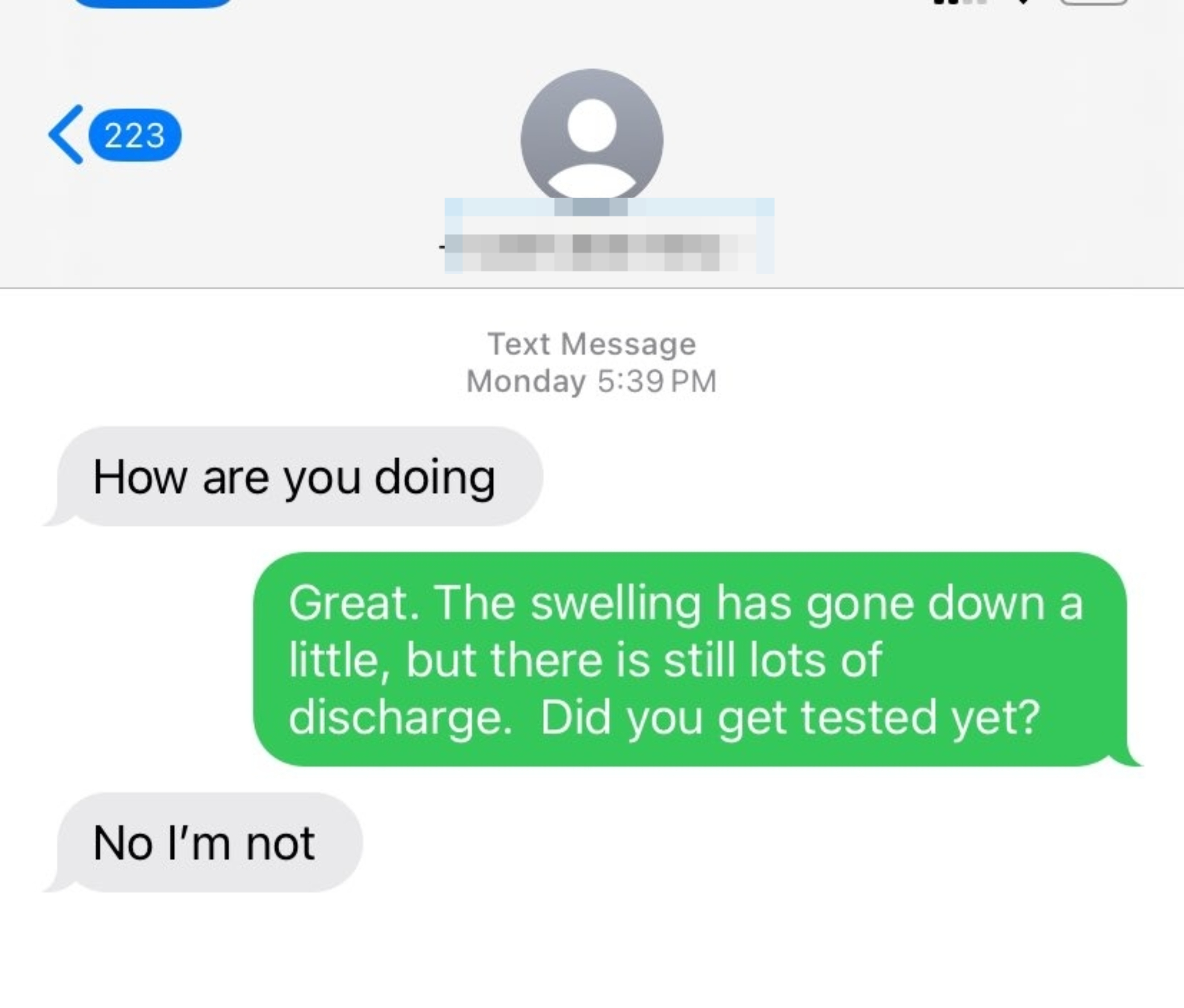 Text message exchange about medical concerns, mentioning swelling and discharge; inquiry about getting tested, with a response of "No I'm not."