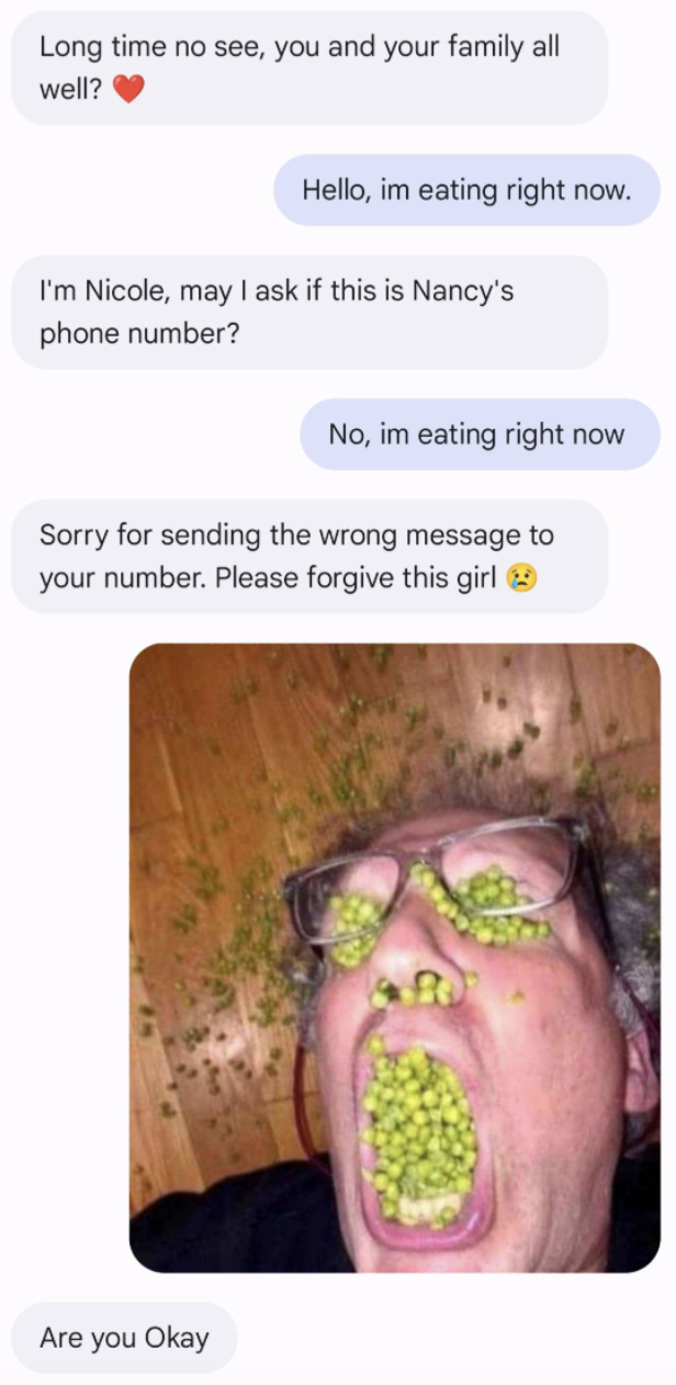 Text conversation with mistaken identity, ending with an image of a person covered in peas, suggesting comedic chaos