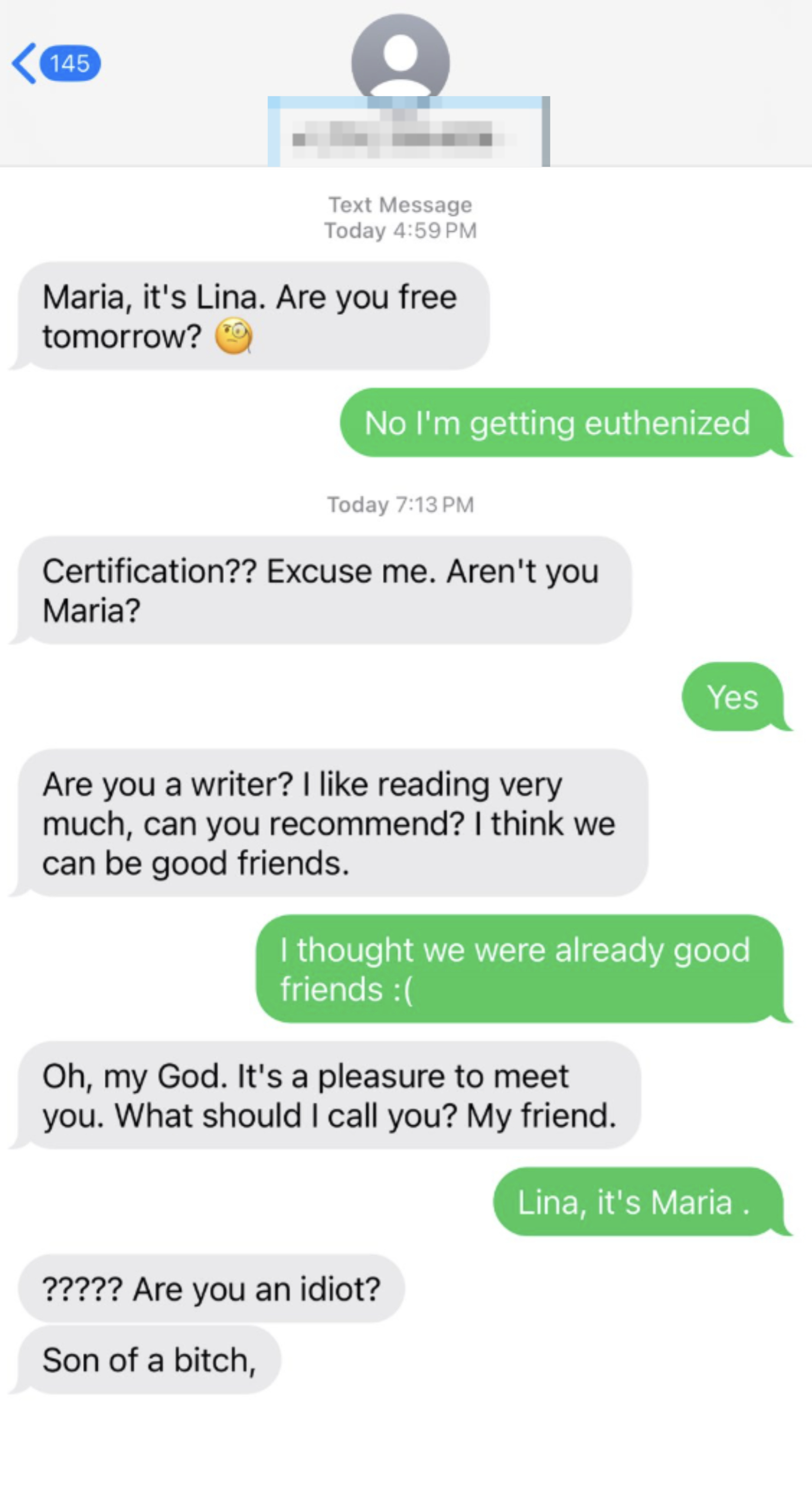 Text message exchange with humorous misunderstanding about friendship and writing, ending with a name correction