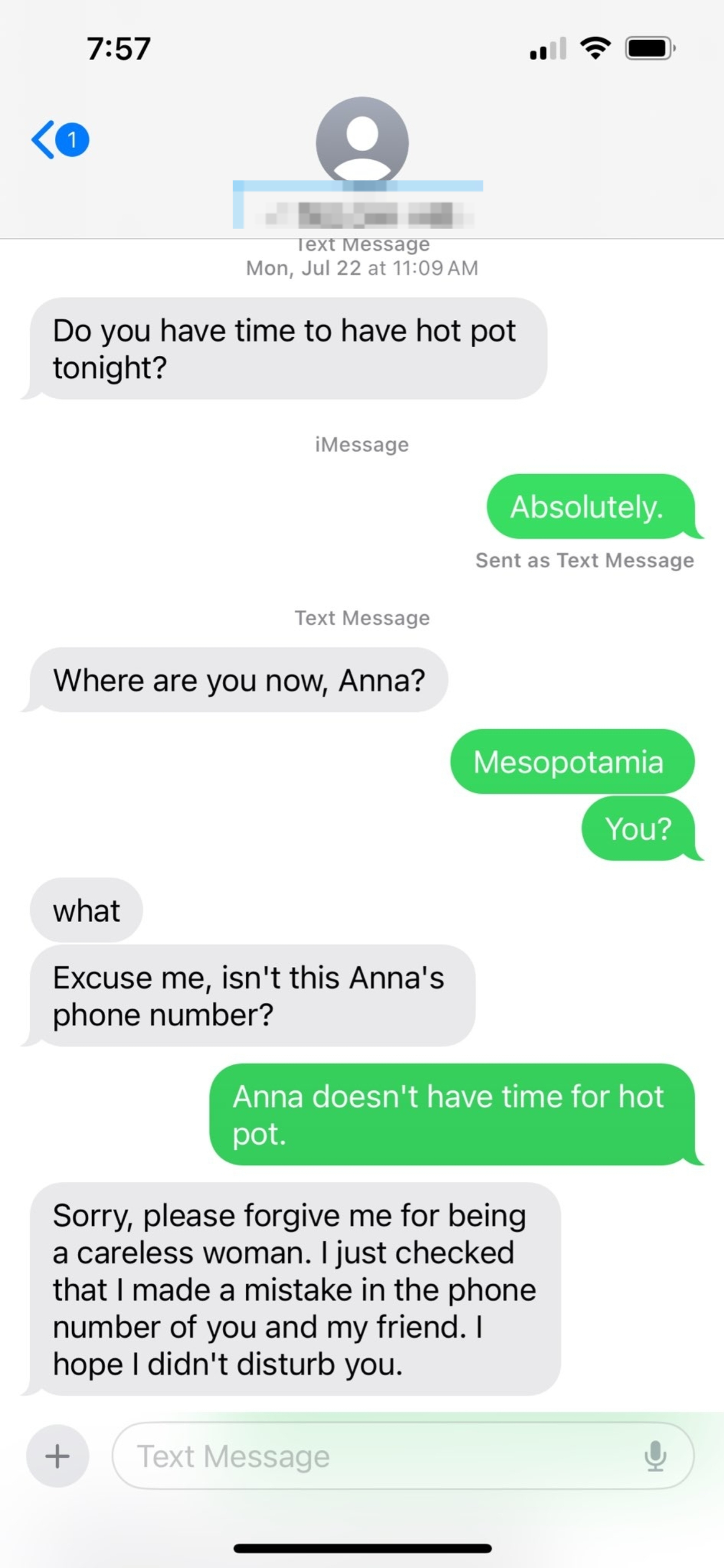 Text message exchange with a wrong number mix-up. Person apologizes for a mistake, hoping they didn't disturb the recipient