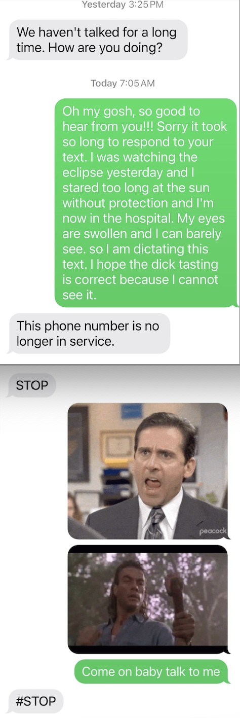 Text conversation: A person apologizes for a delayed response due to eye issues from an eclipse, unaware of incorrect dictation. Other person says number no longer in service. Two GIFs, one with a man exclaiming