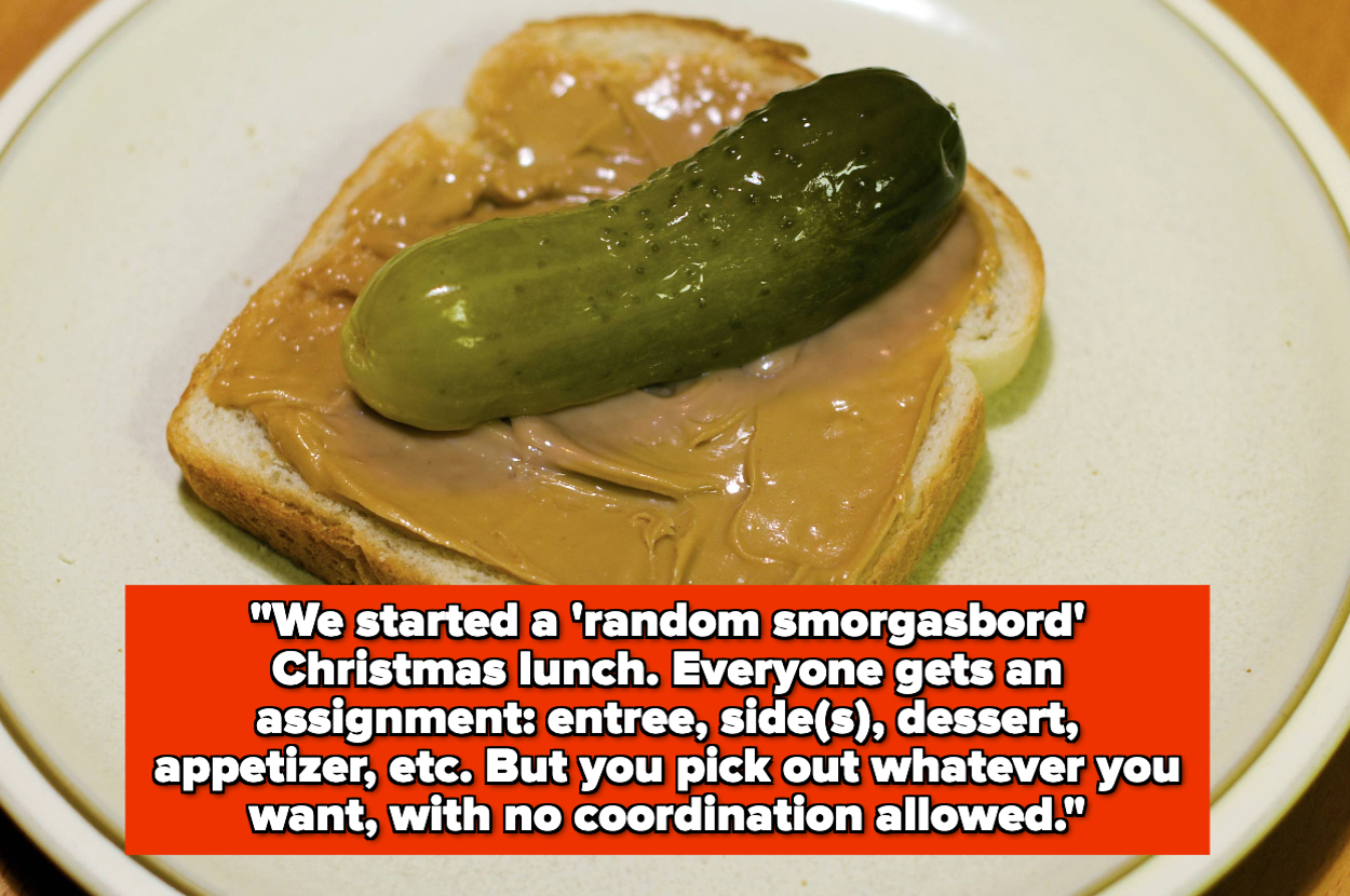 Slice of bread with peanut butter and a pickle. Text describes a "random smorgasbord" lunch concept: everyone brings a different dish with no coordination