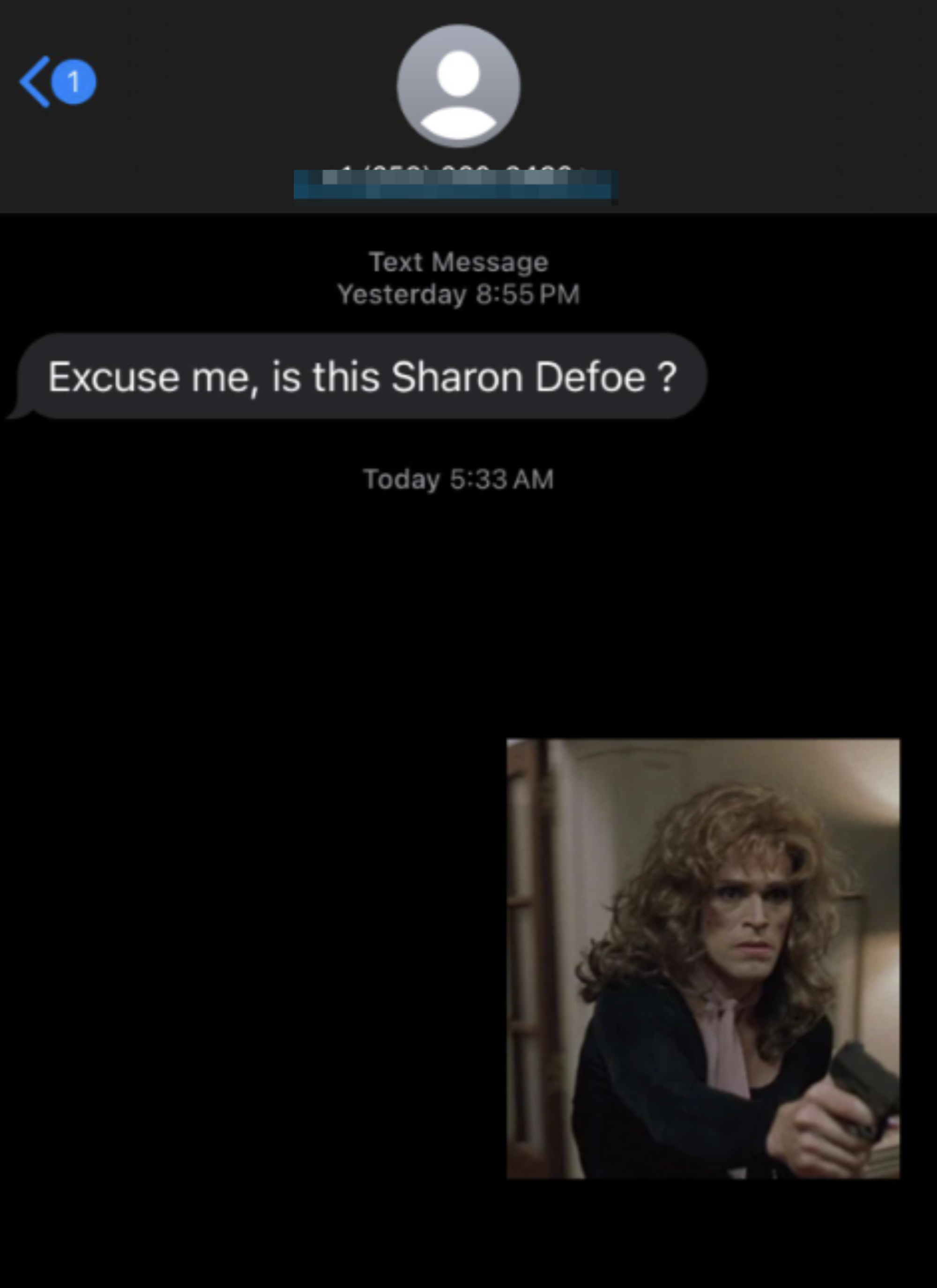 A screenshot shows a text message asking, "Excuse me, is this Sharon Defoe?" Below is a small image of a person in a wig holding an object