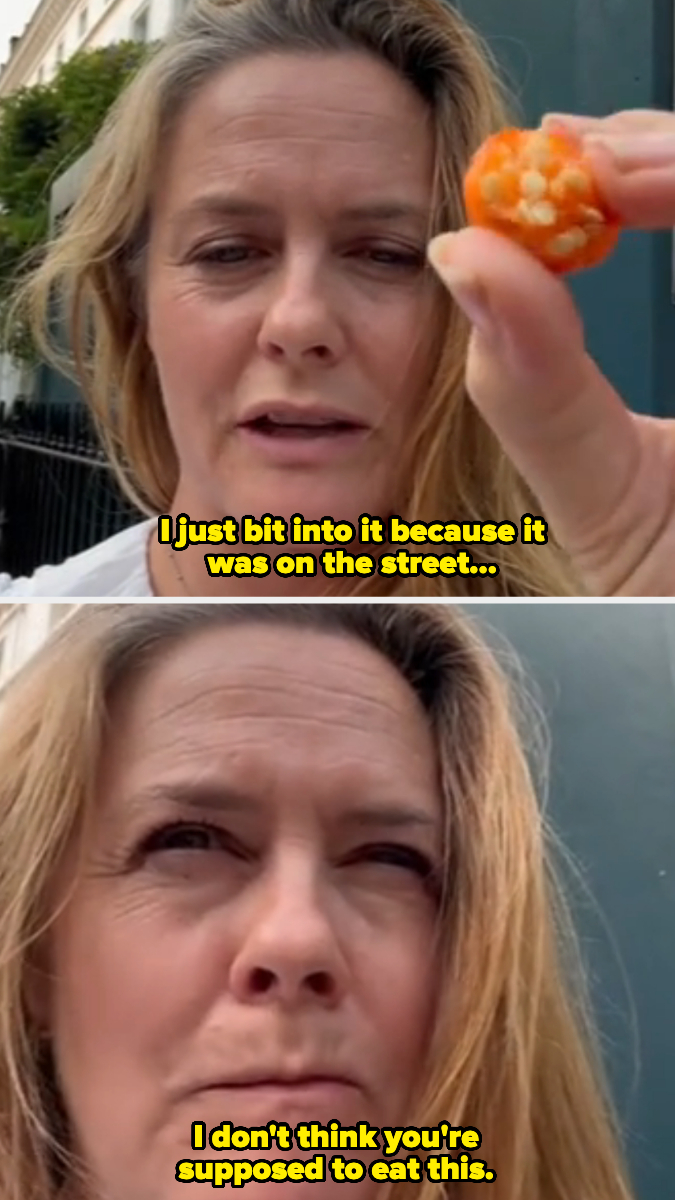 Alicia holding a small fruitt, caption reads, "I just bit into it because it was on the street..." then "I don't think you're supposed to eat this."